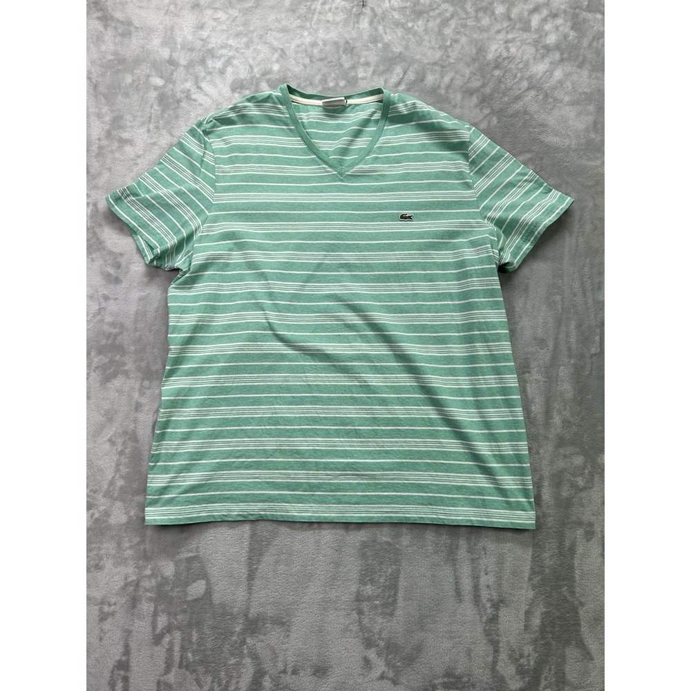 Lacoste Men's Green White Striped Cotton V-Neck T-Shirt Sz 9 Preppy Beach Casual